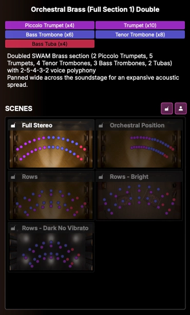 Orchestral Brass preset showing its players and five stage scenes
