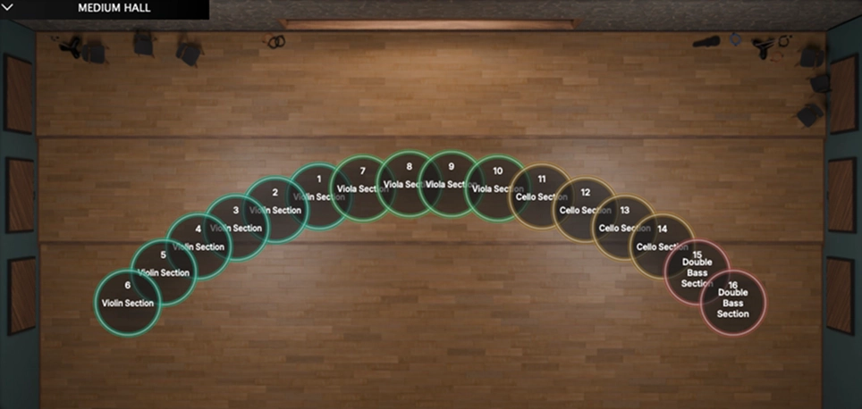 Sixteen string sections arranged in an arc on the Medium Hall stage