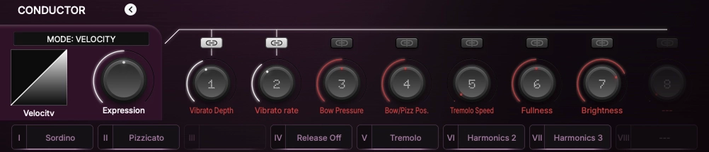 Conductor panel with expression macros and playing-technique action buttons