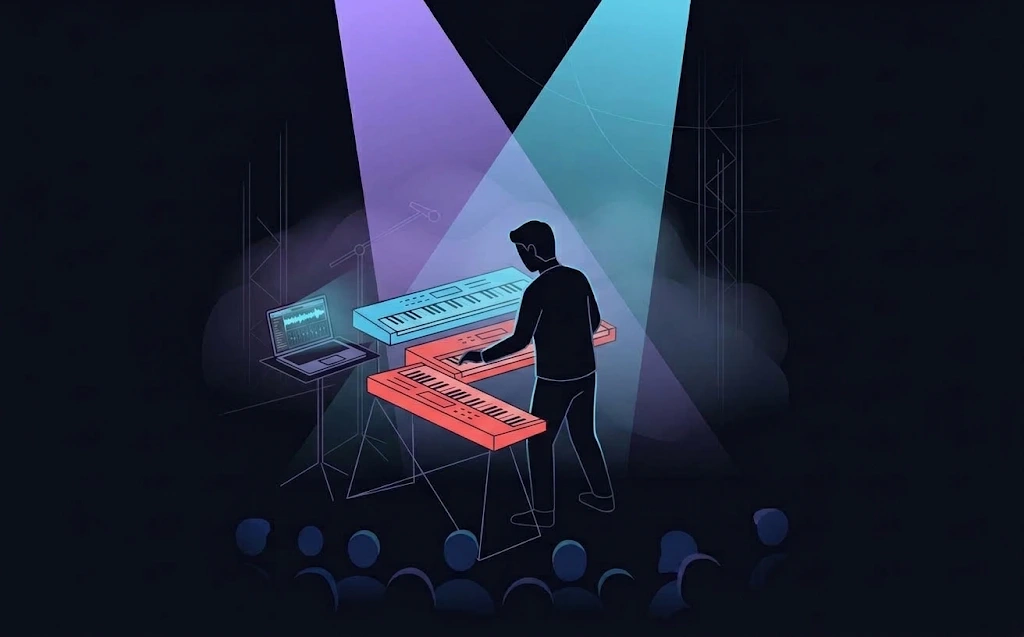 Illustration of a keyboardist playing stacked keyboards on stage under violet and cyan spotlights