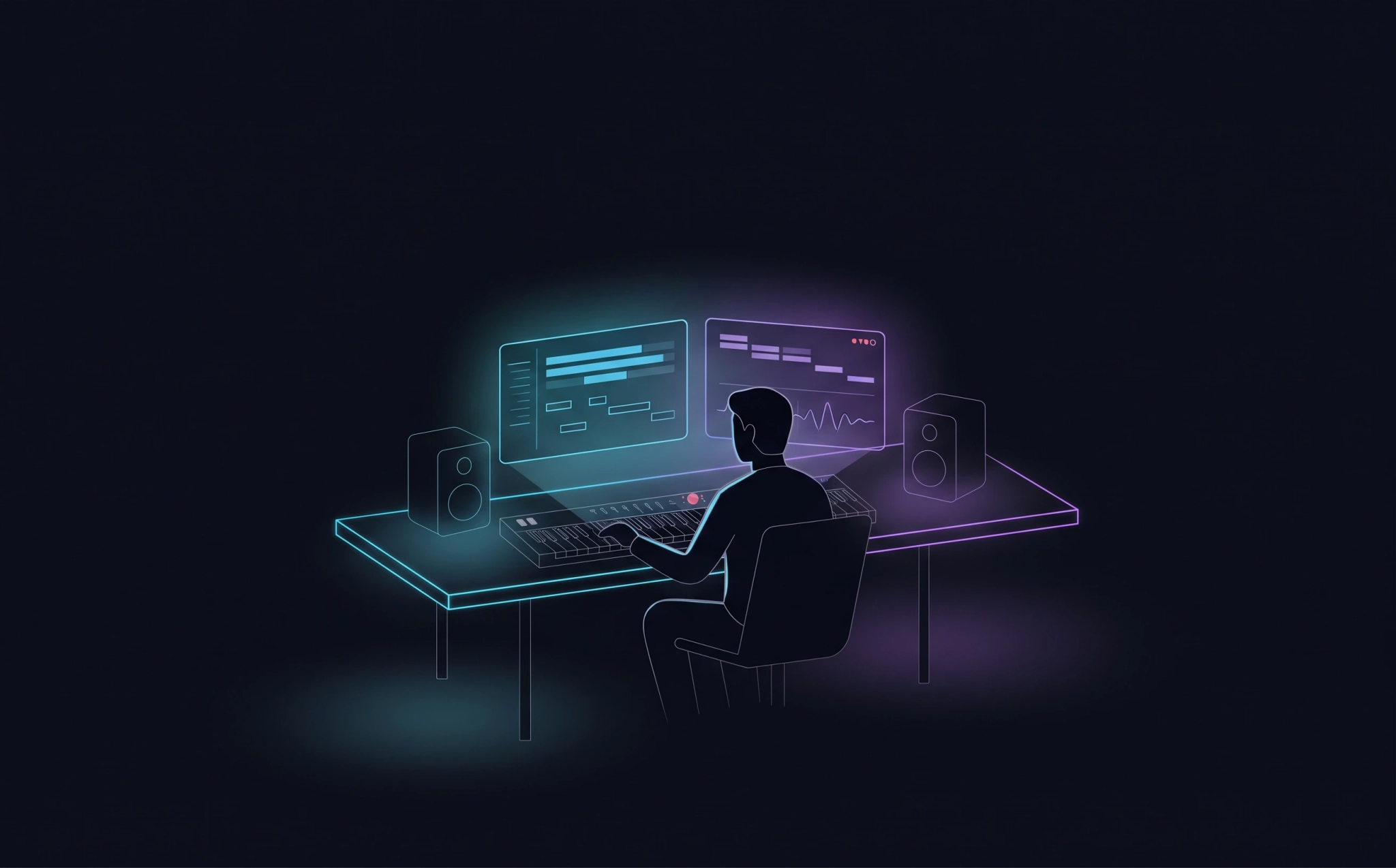 Illustration of a composer at a studio desk with a MIDI keyboard, two DAW screens and monitor speakers